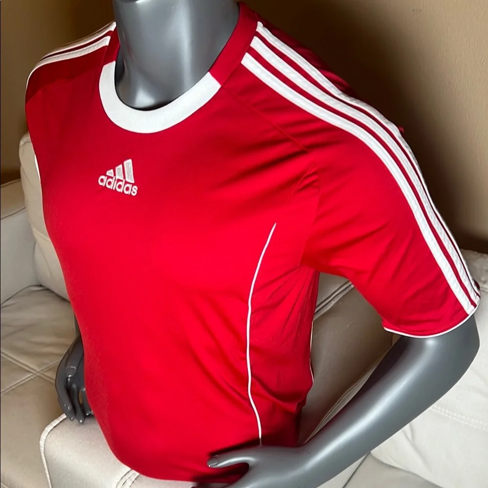 Adidas ATS Dry Red White Men’s Three Striped Logo Short-Sleeve Shirt Size Medium - Picture 3 of 9